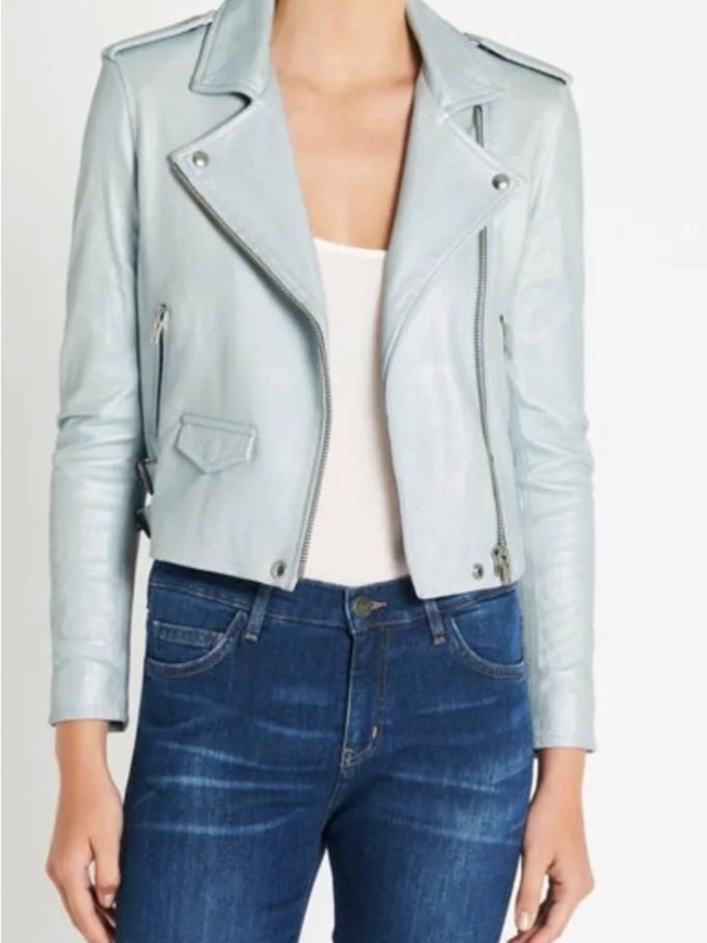 AUTH WOMEN’S IRO ASHVILLE METALLIC BABY BLUE LEATHER JACKET - SZ 36